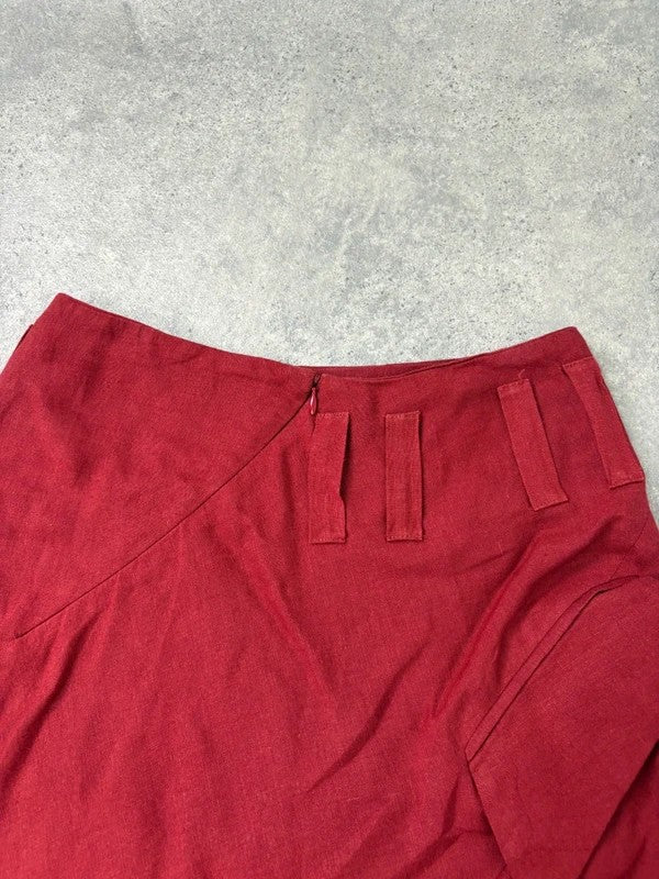 red linen bias cut asymmetric maxi skirt