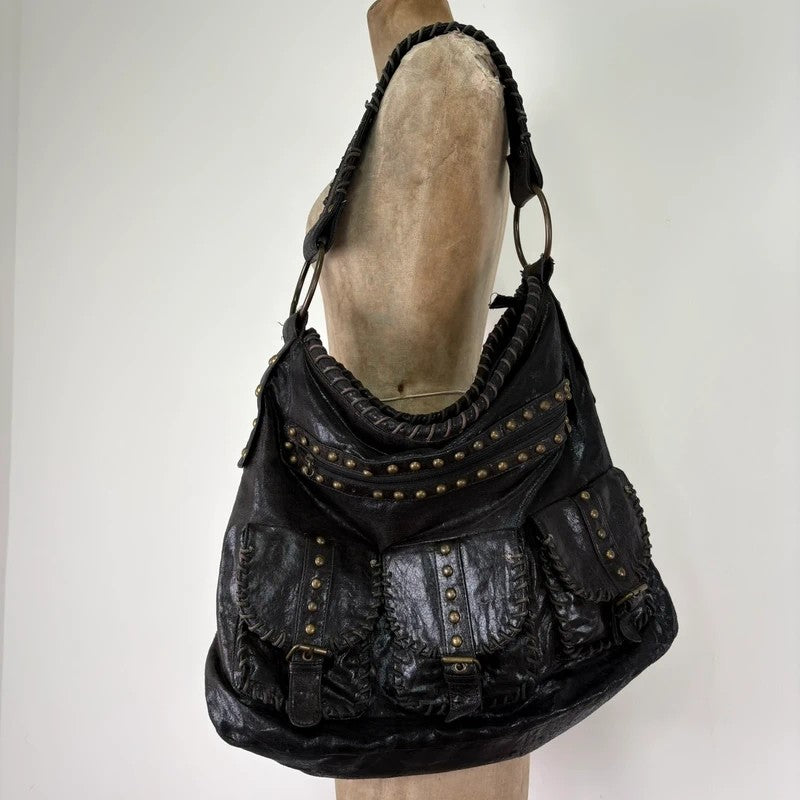 Black studded stitched slouchy shoulder bag