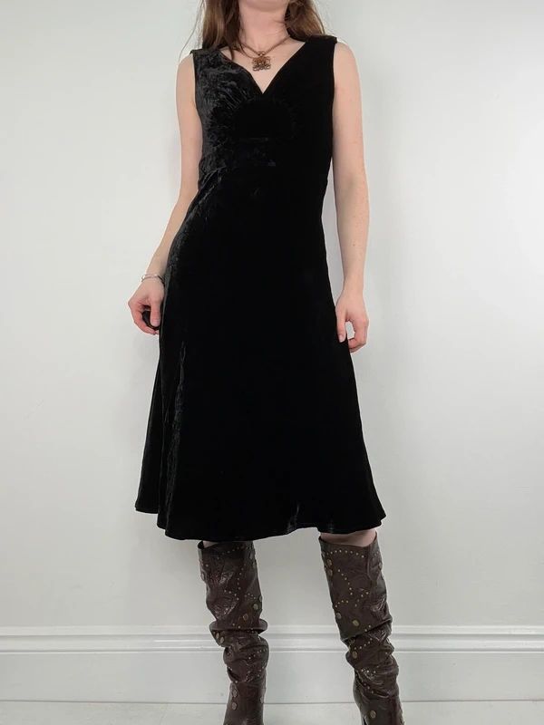 black velvet fitted flared midi dress
