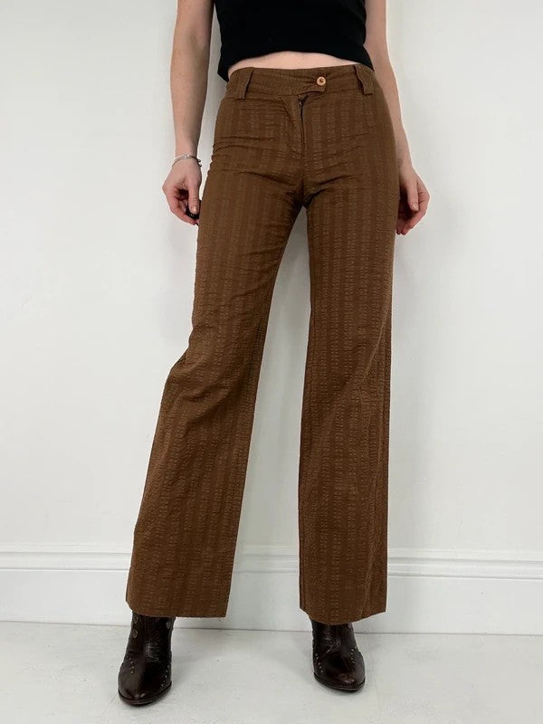 brown pinstripe wide-leg textured flare trousers