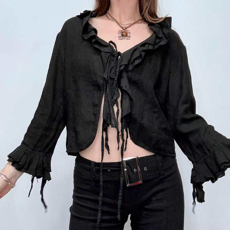 black ruffle linen flared tie up ruffle shirt