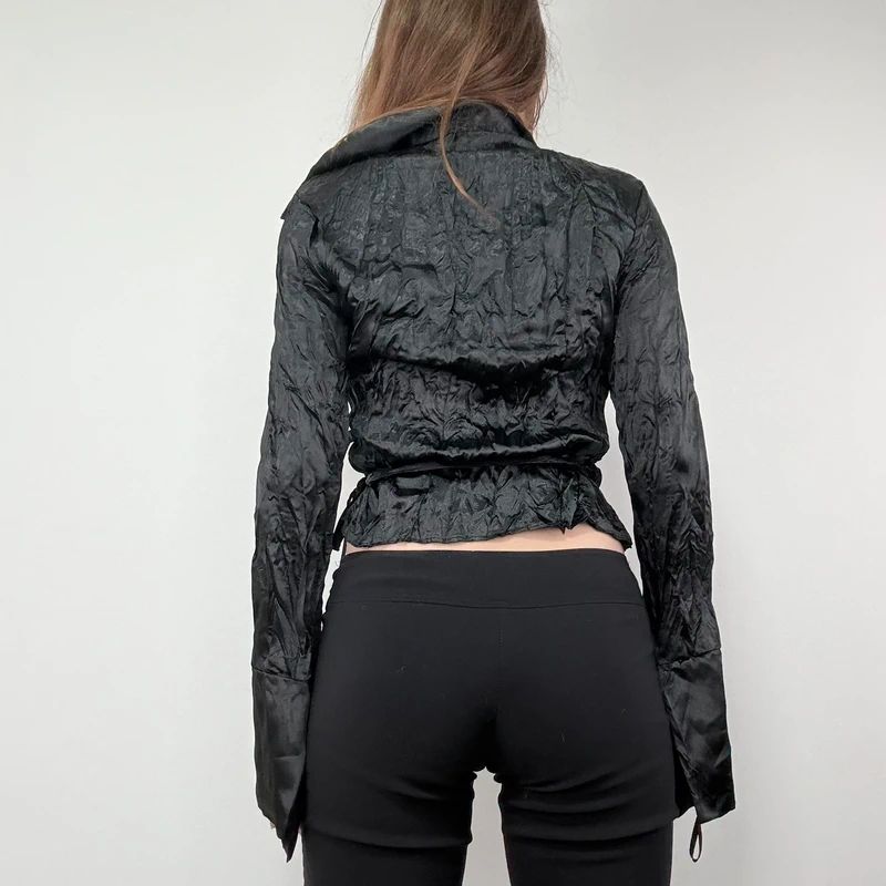 black crinkle satin cropped wrap shirt