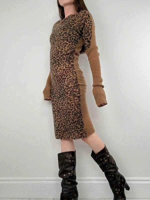 sheer knit long sleeve slouchy leopard printed dress