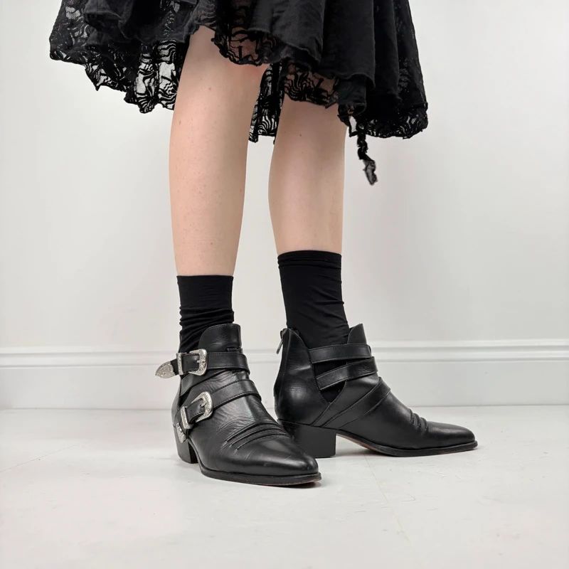 The Kooples black leather buckle western boho boots
