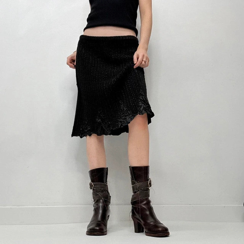 black crinkle plisse midi skirt