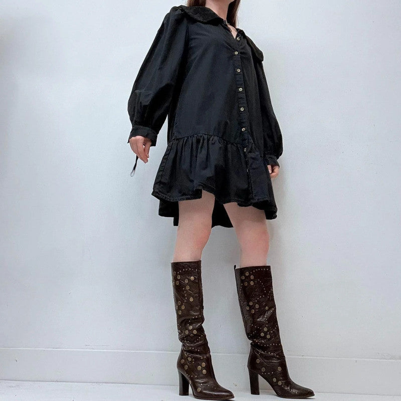 black puff embroidered shirt dress