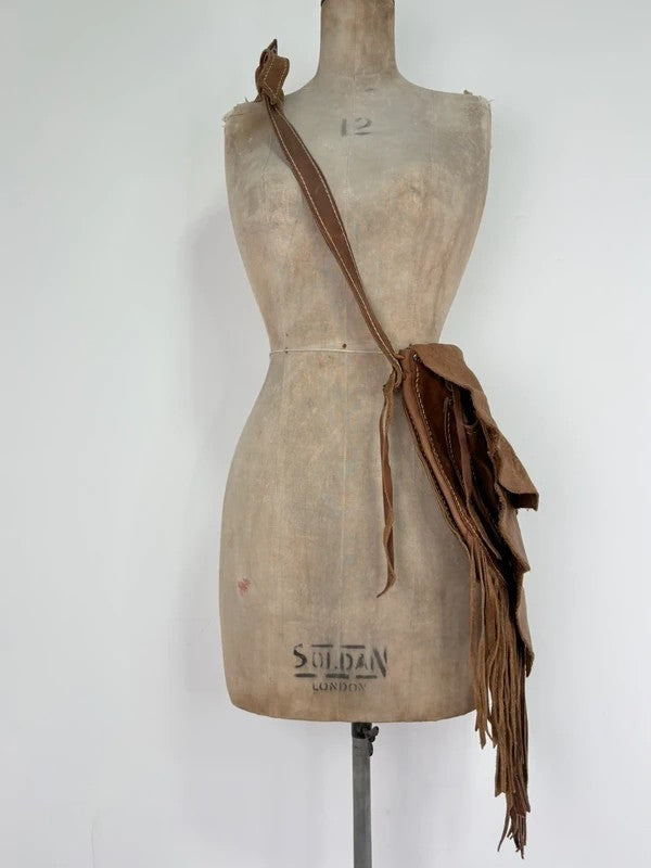 Vintage tan boho fringe satchel suede bag