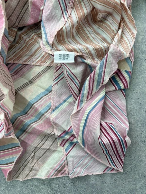 pink pinstripe flared ruffle maxi dress