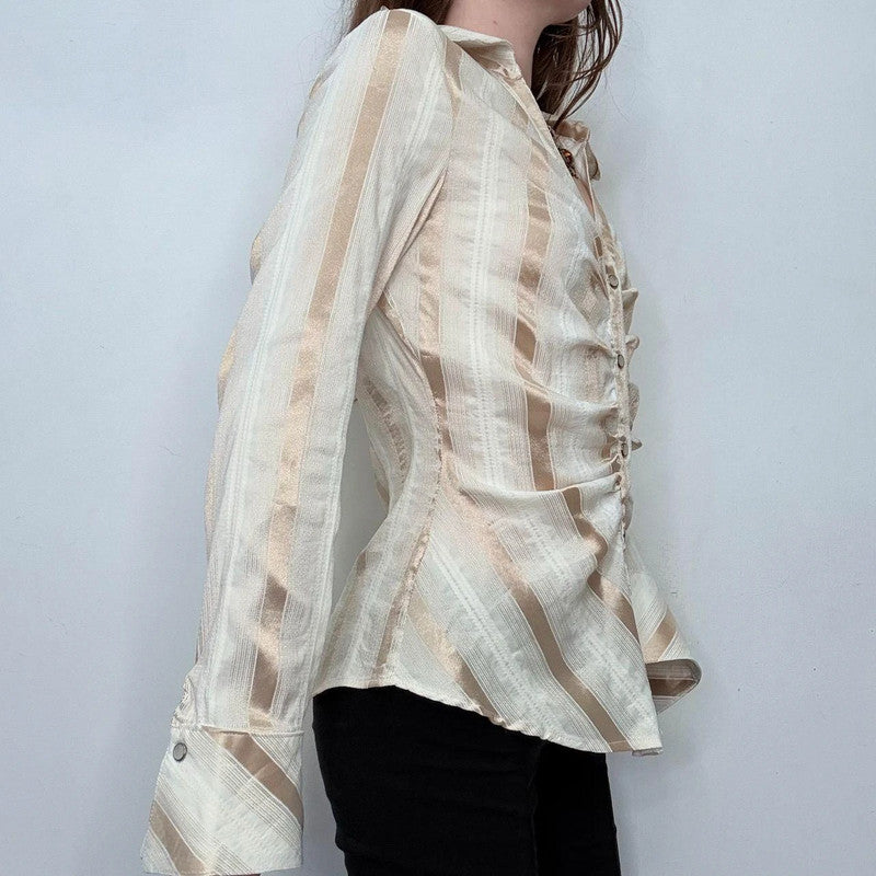 gathered cinched striped fitted shirt