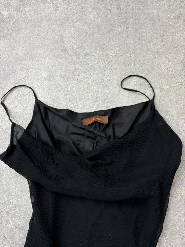 black silk bias cut layered flutter dress