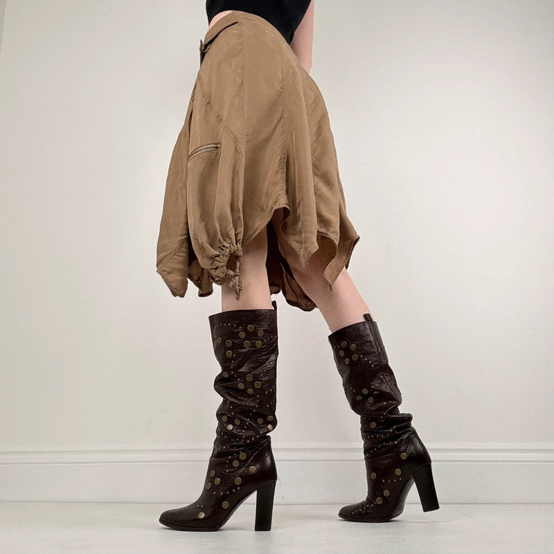 tan asymmetric drop waist utility skirt