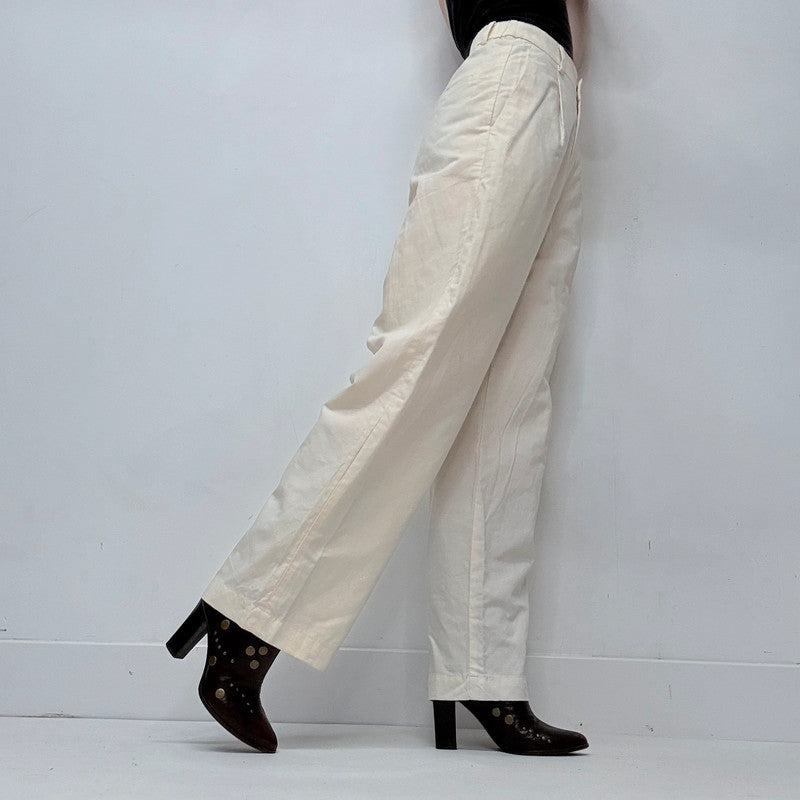cream linen uniqlo wide leg pleated front trousers