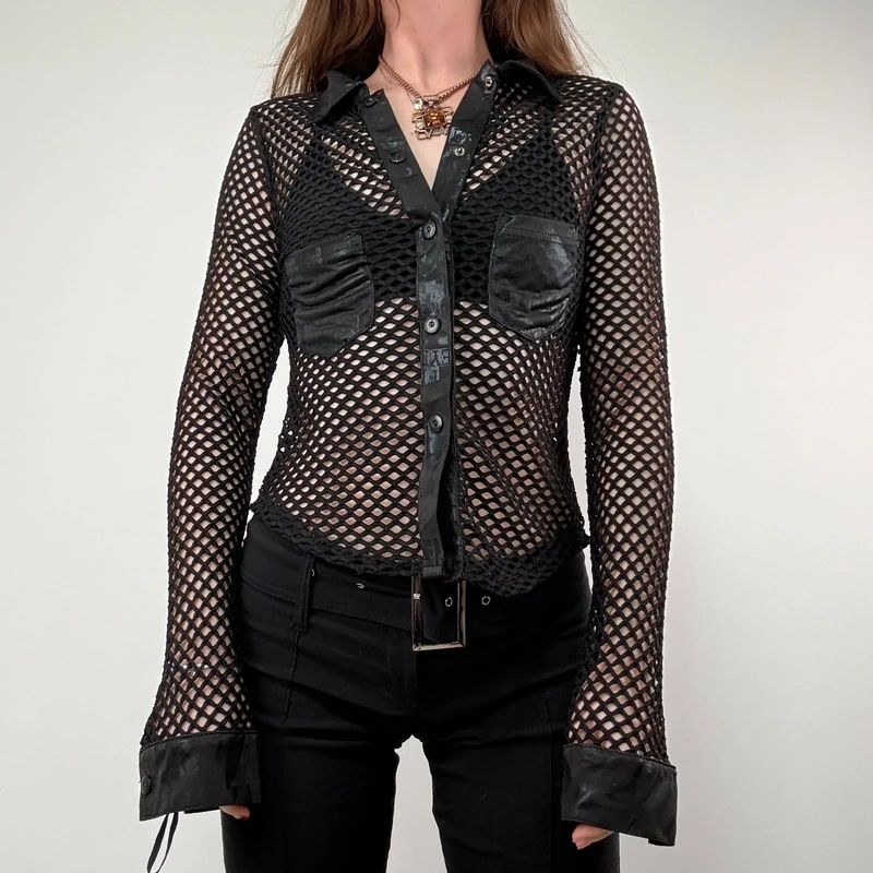 Black fitted Fishnet Mesh Grunge Shirt