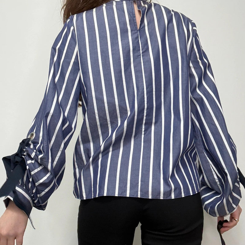 Navy striped balloon puff sleeve shirt