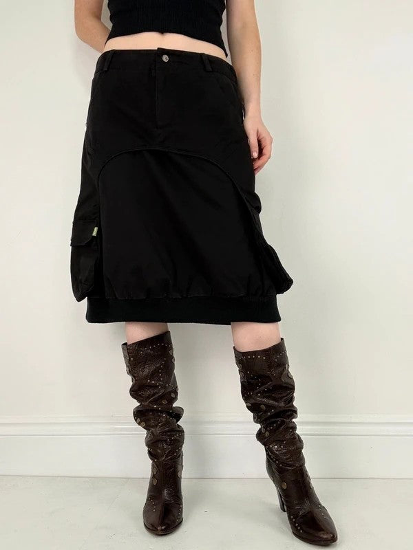 black layered utility midi skirt