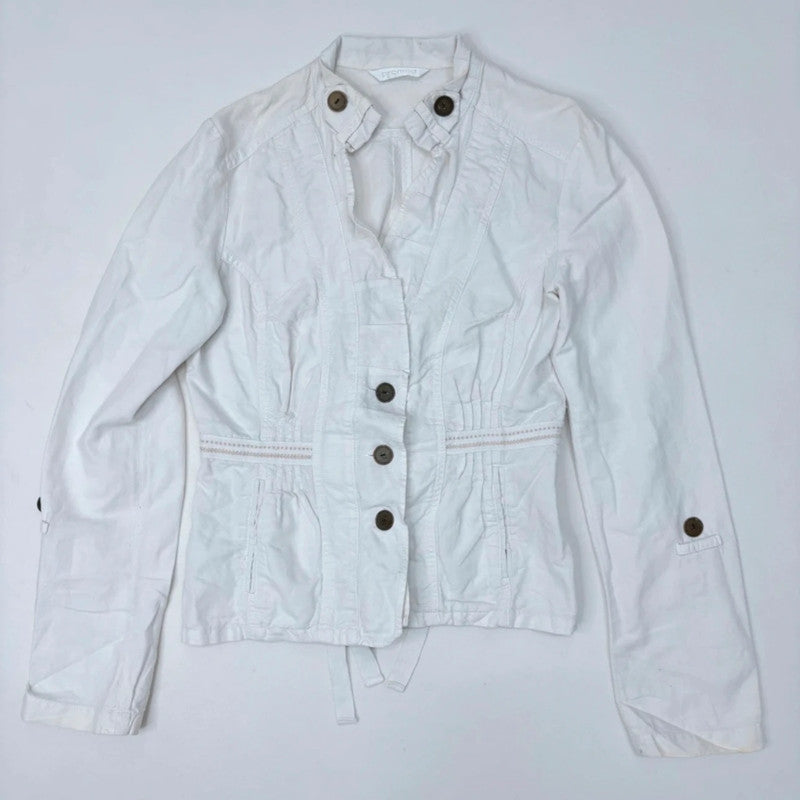 white linen fitted flared regency napoleonic jacket