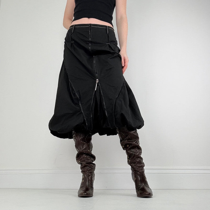 Black structured puff zip midi skirt