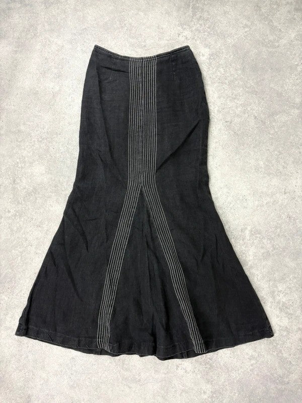 black linen high-waisted stitched flare maxi skirt