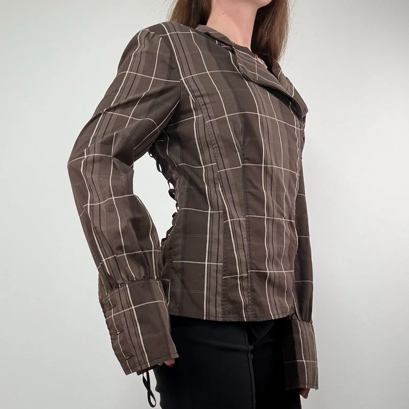 Brown tartan Asymmetric corset Shirt