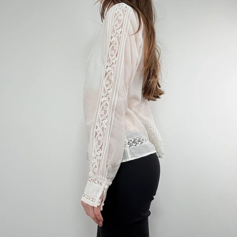 white pleated lace blouse