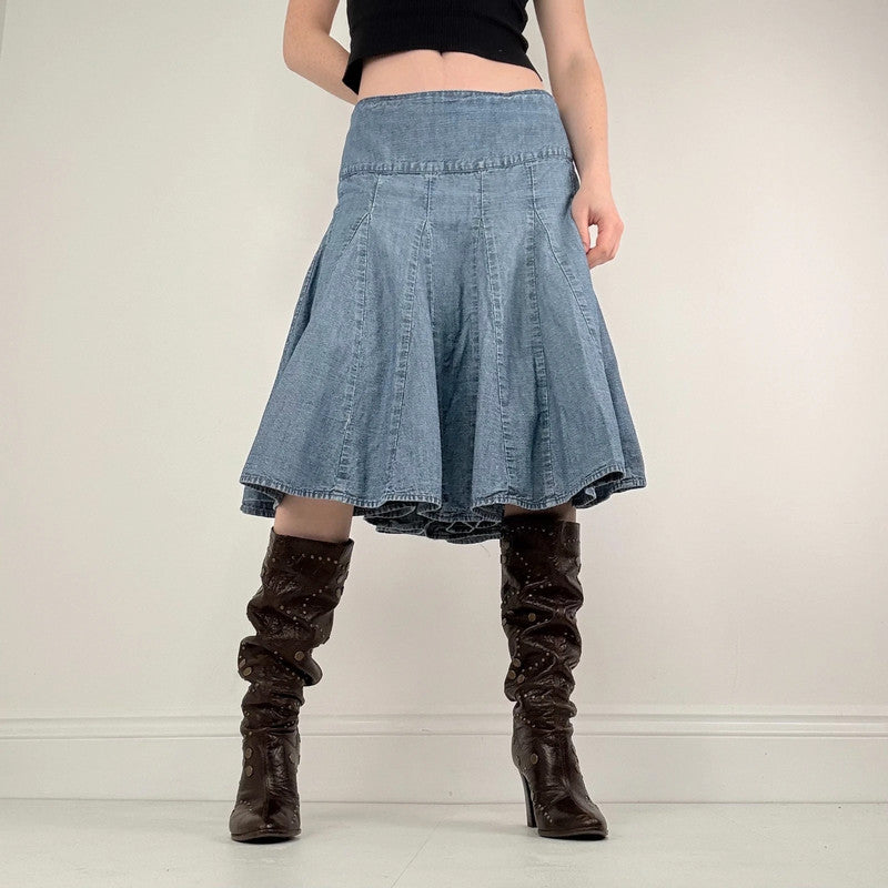 flared denim panelled midi skirt