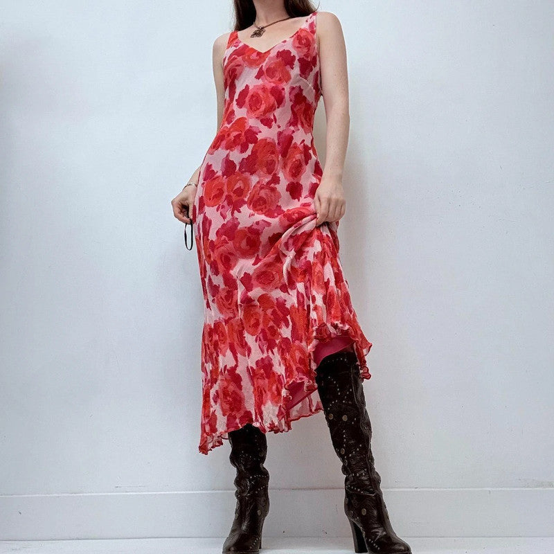 red floral rose silk bias cut maxi dress