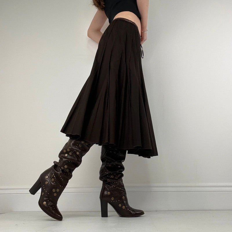 Brown pleated flared layered midi skirt