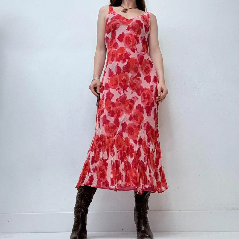 red floral rose silk bias cut maxi dress