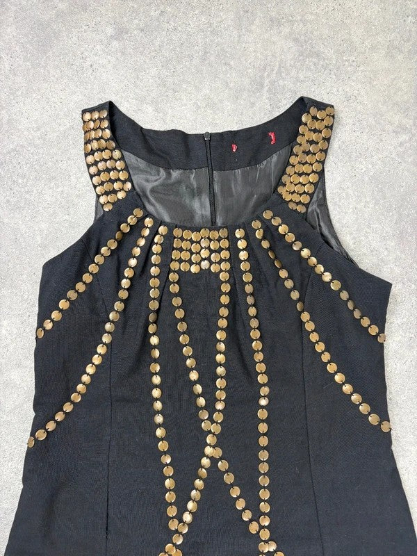 black linen metal gold studded mini Y2K party dress