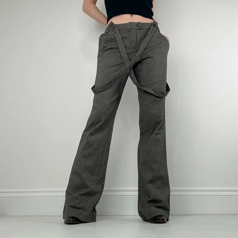 grey suspender flared suit trousers