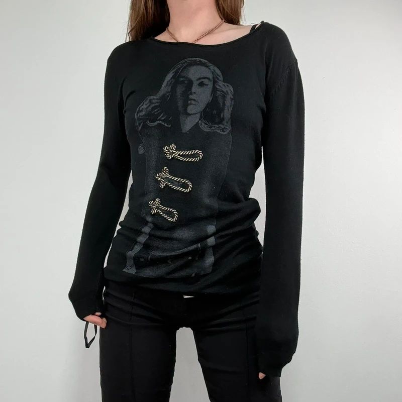 black long sleeve printed nepolion detailed t-shirt