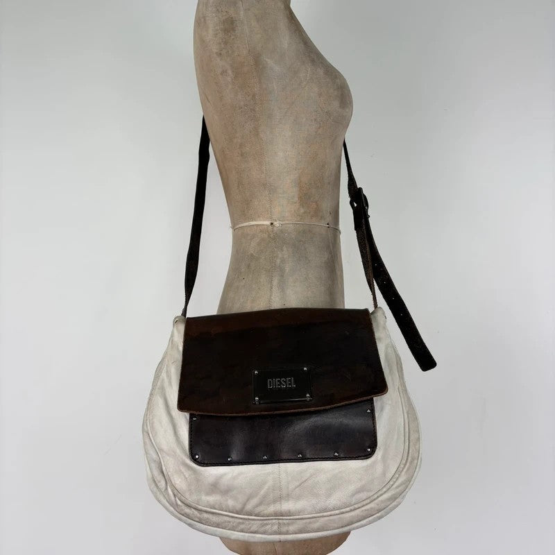 Distressed diesel leather slouchy messenger bag