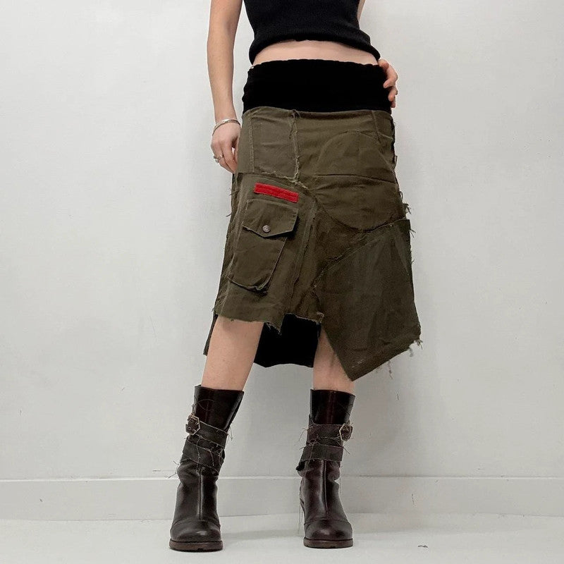 khaki fold over waistband midi skirt