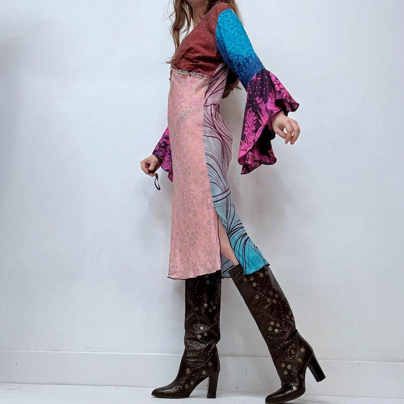 flared silk patchwork printed dress