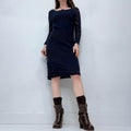 navy crochet long sleeve midi dress
