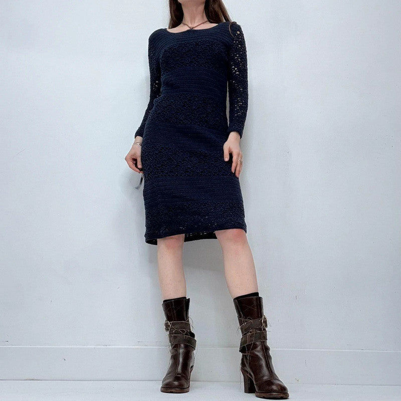 navy crochet long sleeve midi dress