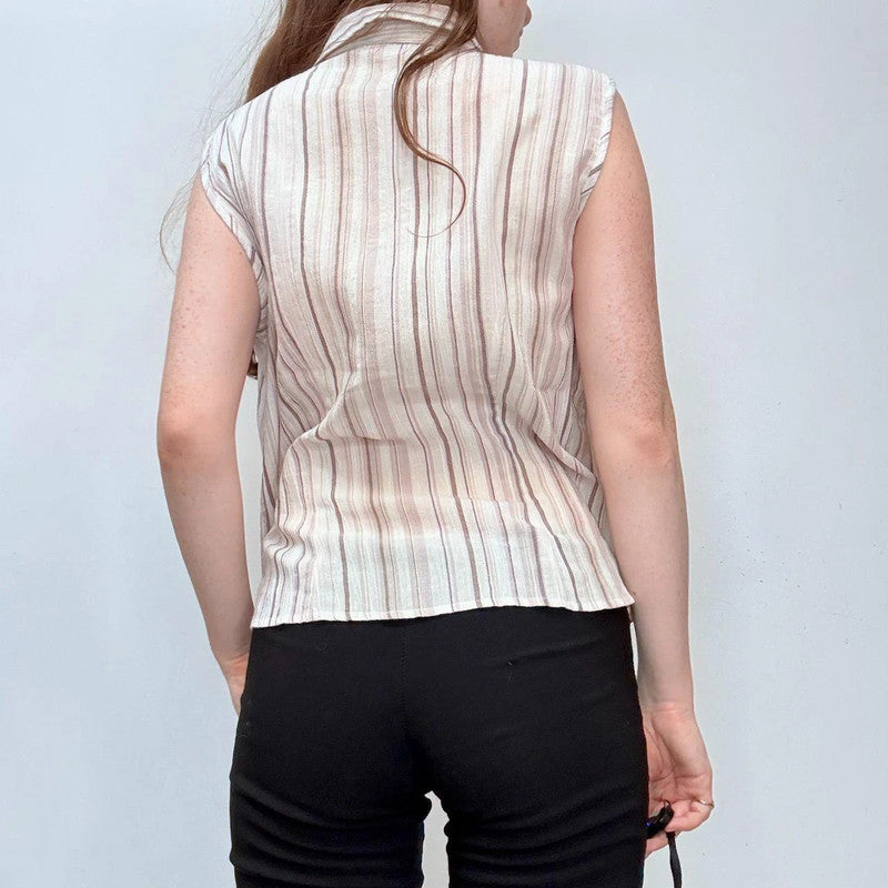 pinstriped sleeveless ruffle shirt blouse