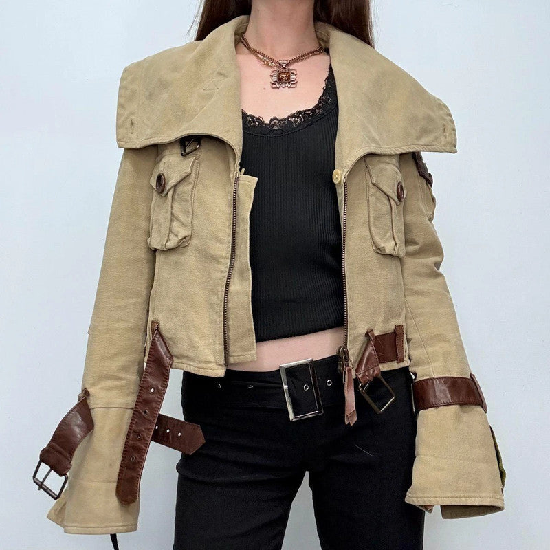 buckle belted flared cargo jacket