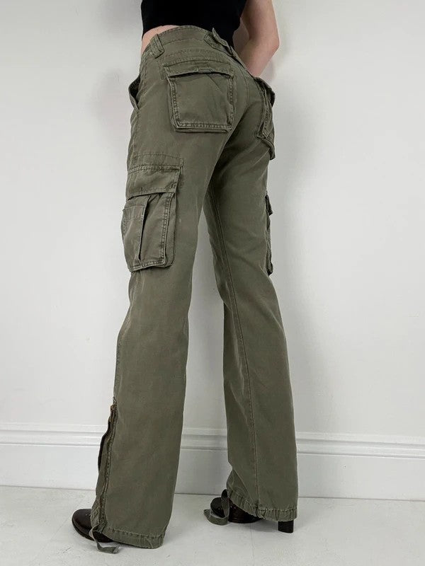 Low rise khaki flared cargo utility trousers