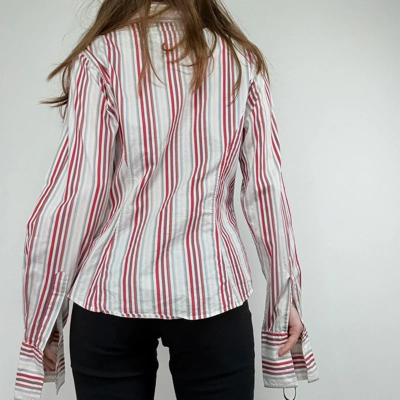 pinstripe preppy fitted flared white and red shirt