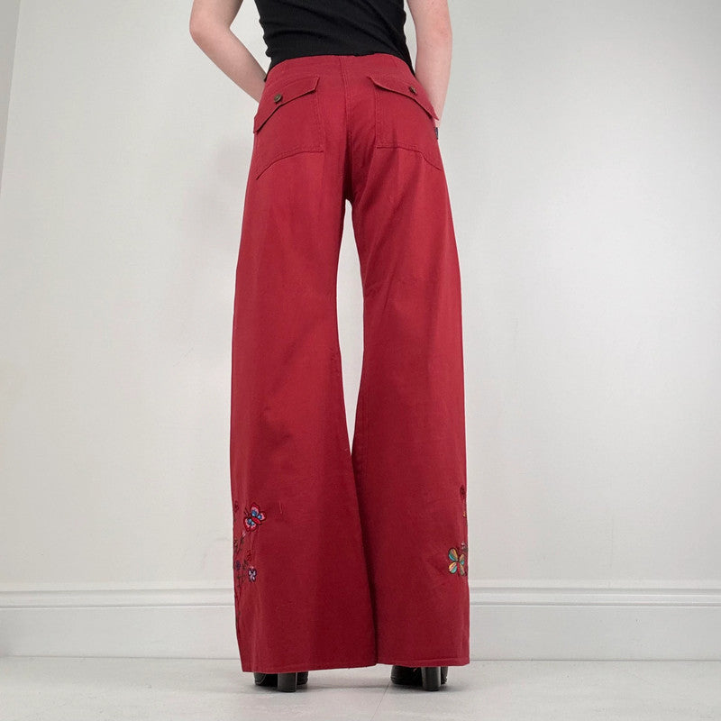 red cotton wide leg flared embroidered trousers