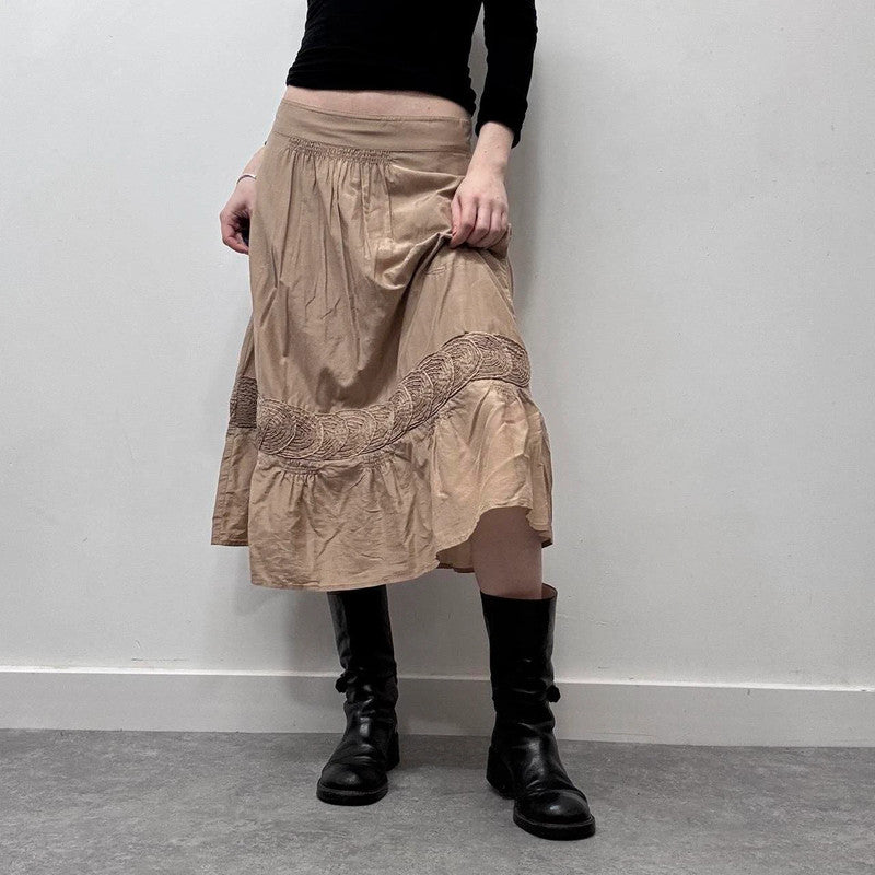 tan silk pleated flared midi skirt
