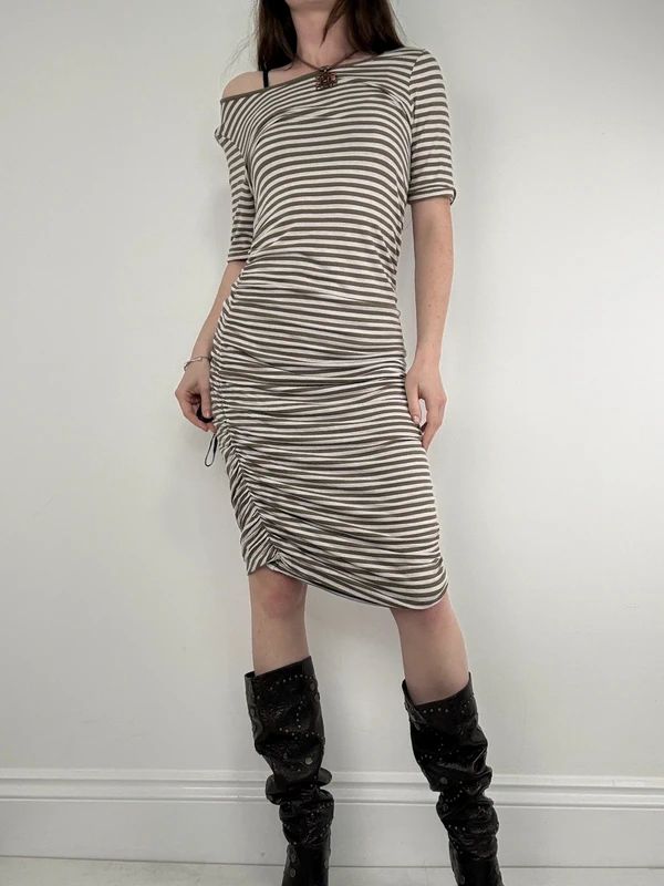 khaki striped gathered cinched midi dress