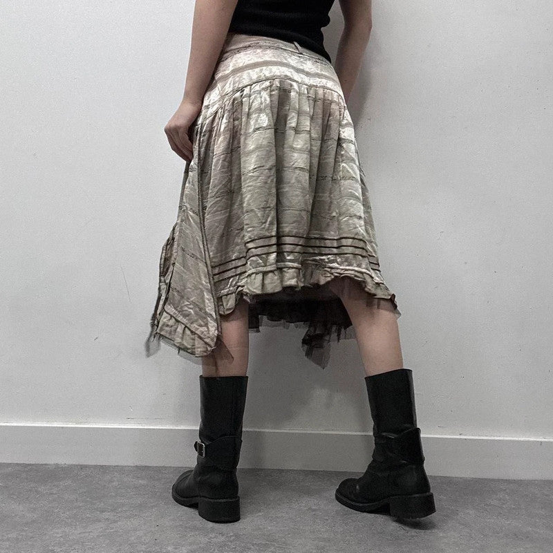 pinstripe ruffle satin midi skirt