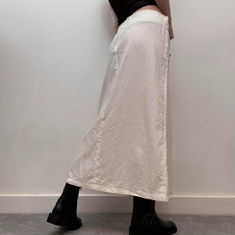 pleated white linen midi skirt