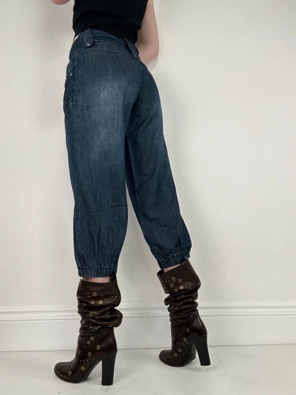 cropped denim puff capri pants