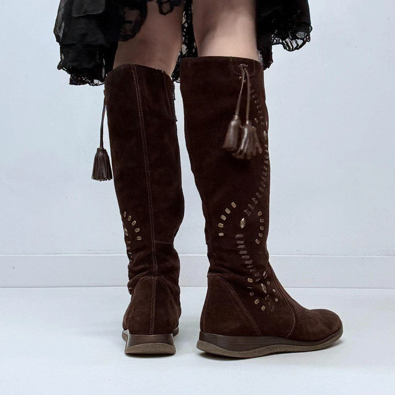 brown suede stitch hippy boots