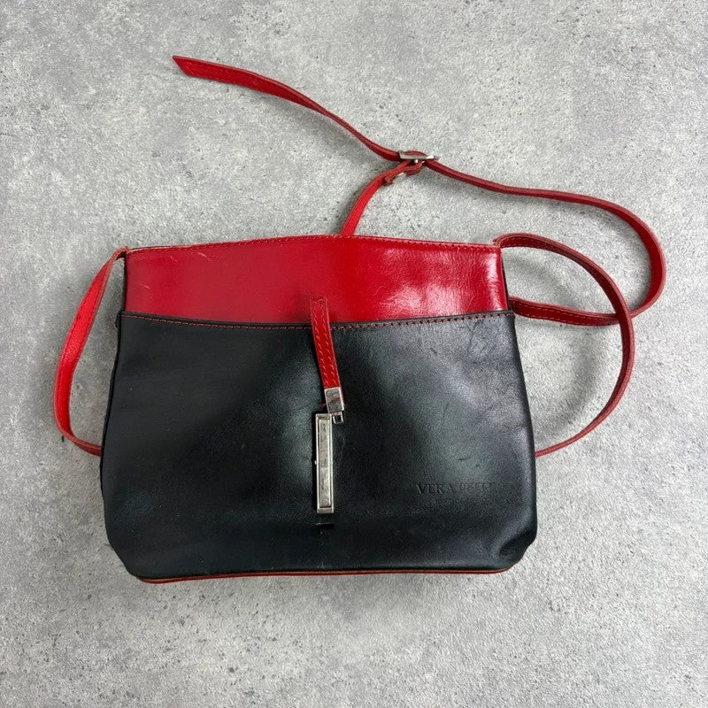 Black and red leather patient mini messenger bag
