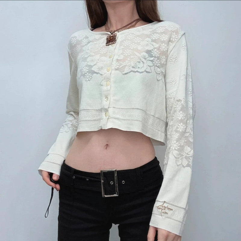 Cropped lace pointelle cardigan