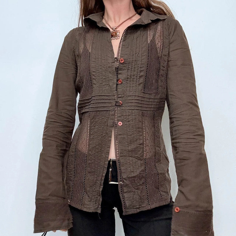 brown lace flared sheer shirt